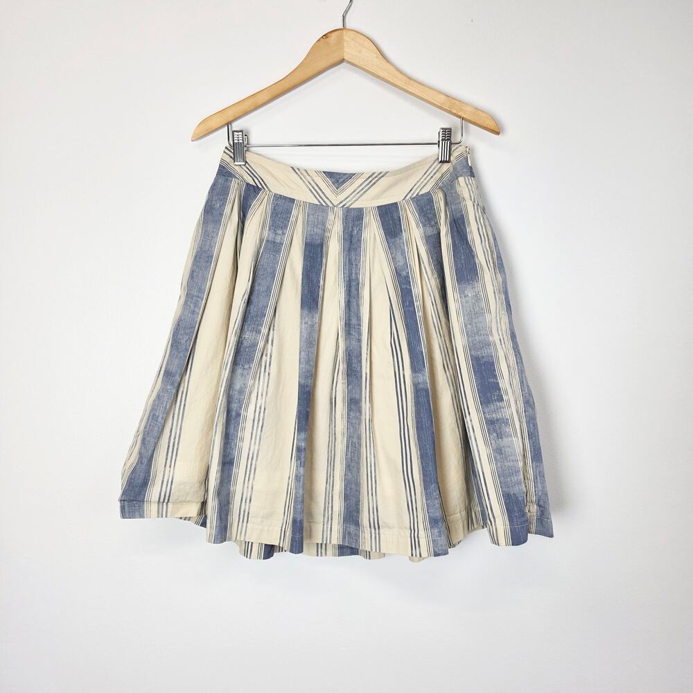 Anthropologie Maeve Blue Striped Pleated Skirt Size 8 Cotton Coastal Preppy